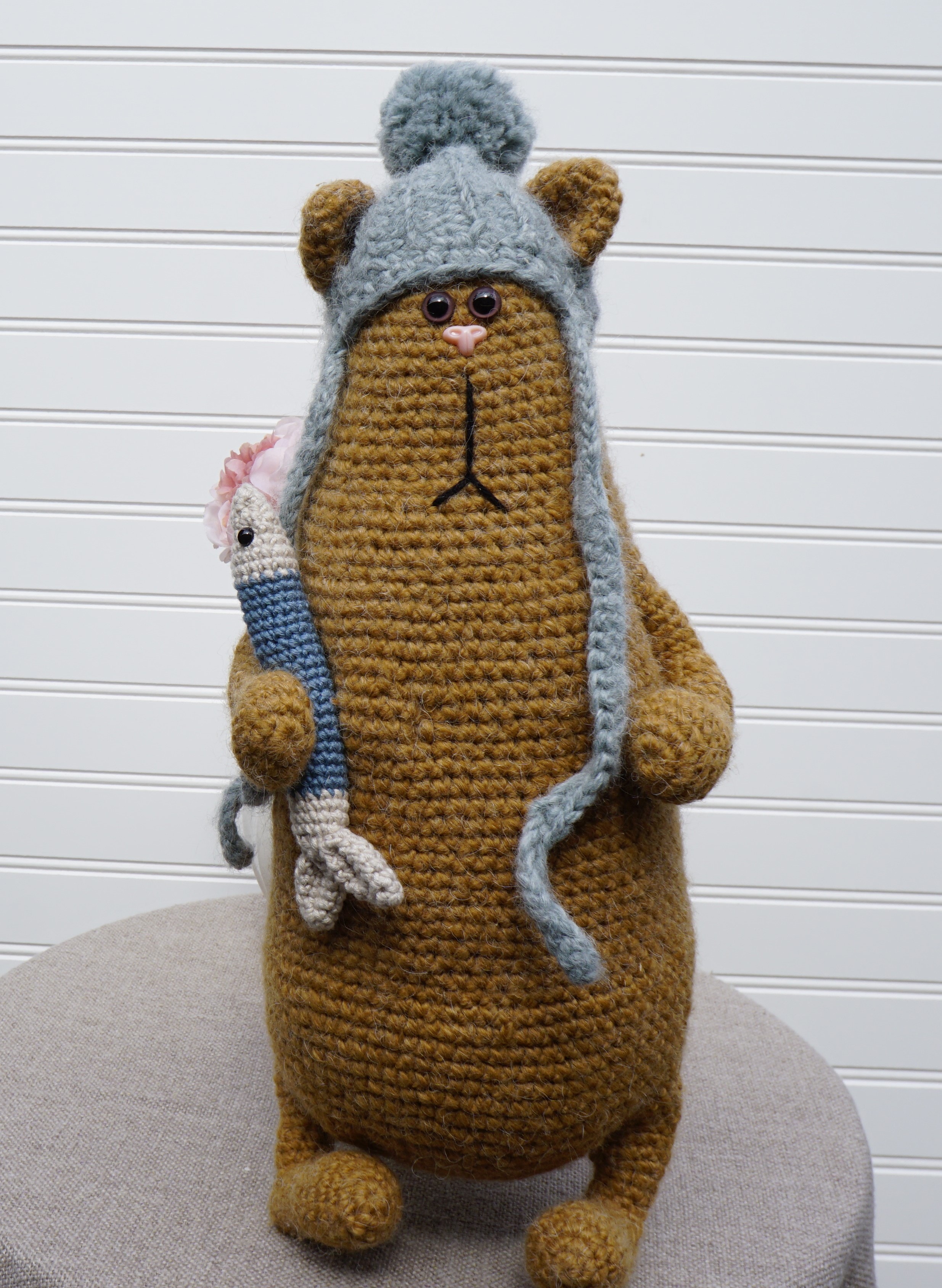 Handmade crocheted amigurumi tall beaver with beanie
